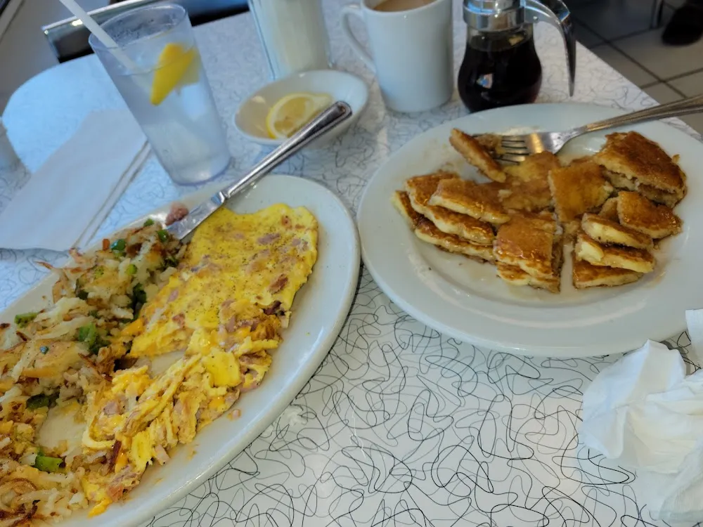Omelet Pancakes and Hashbrowns Loaded